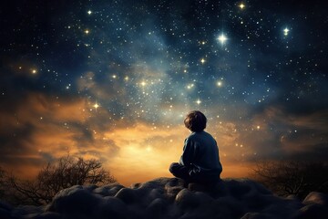AI generated illustration of a man gazing at a spectacular night sky, filled with stars