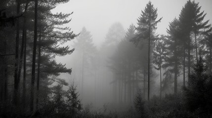 AI generated illustration of a scenic landscape featuring a vast array of tall trees in a thick fog