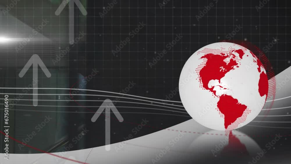Poster animation of globe and arrow signs over diverse colleagues talking while moving up on steps