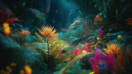 Fototapeta na wymiar AI generated illustration of a beautiful vibrant tropical jungle