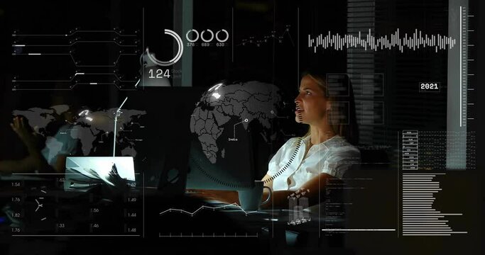 Animation of infographic interface and focused caucasian businesswoman working over computer
