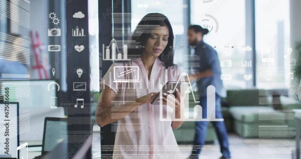 Poster animation of mobile icons and coding over biracial businesswoman using tablet in office