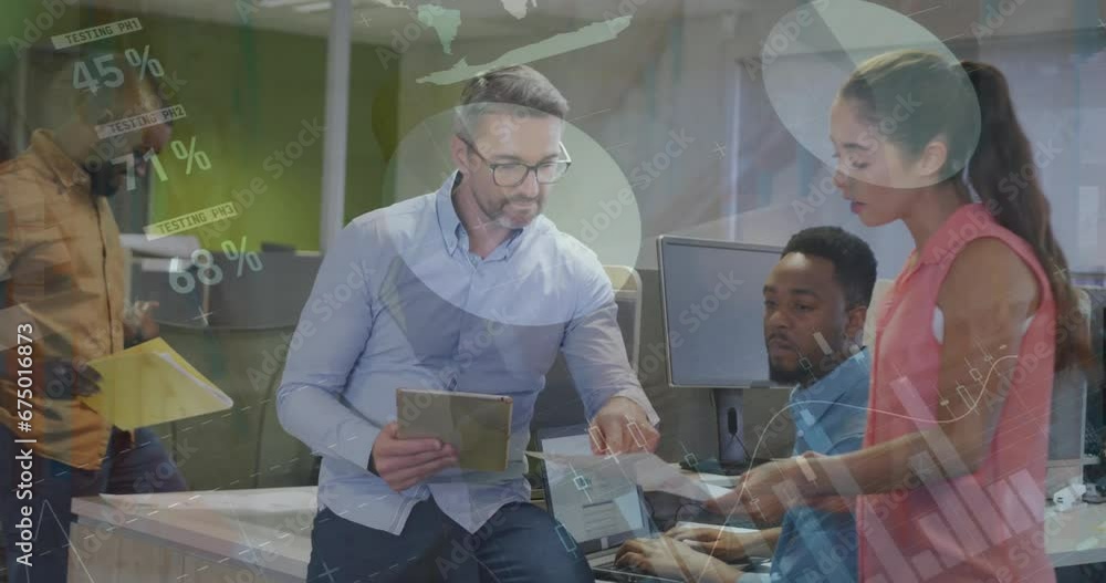 Poster animation of infographic interface over diverse colleagues discussing over tablet and report