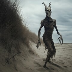 AI generated illustration of a mysterious boney wendigo walking on a gloomy sandy beach - obrazy, fototapety, plakaty