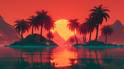 Fototapeta na wymiar AI generated illustration of a breathtaking sunset on a tropical beach with towering palm trees