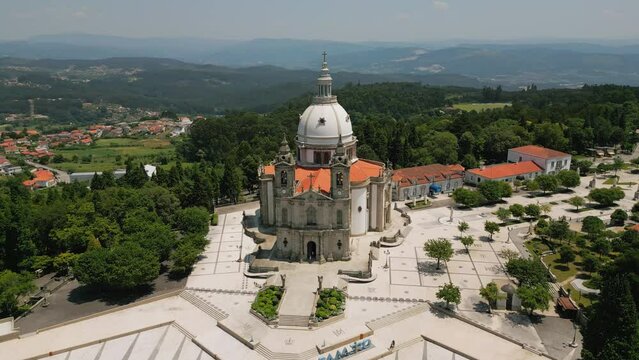 Panoramic view of Sameiro Sanctuary Braga, amid lush landscape. Aerial