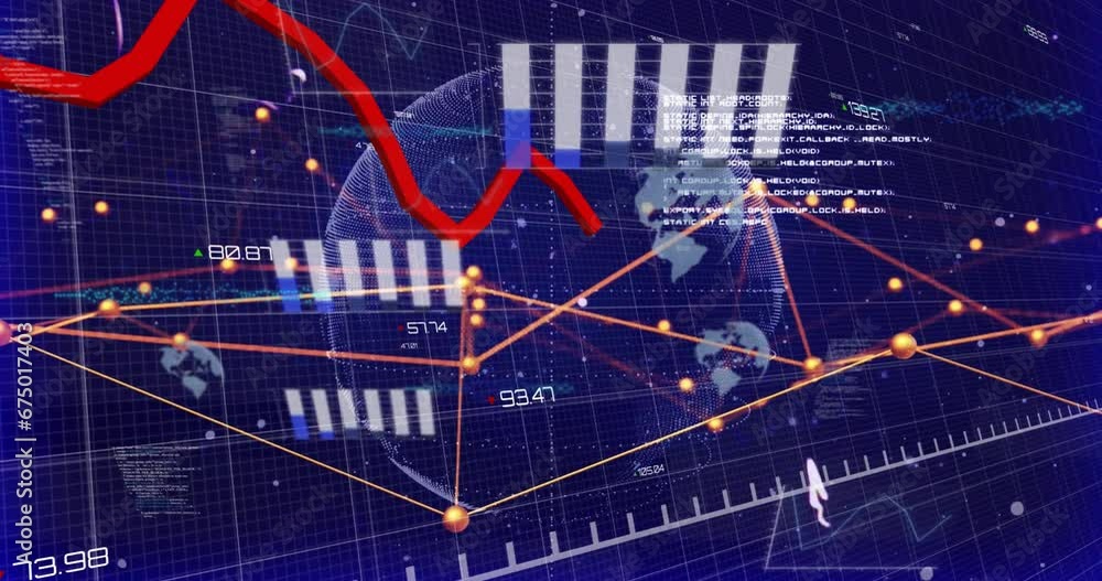 Poster animation of red line graph showing loss over globe with connected dots and programming language