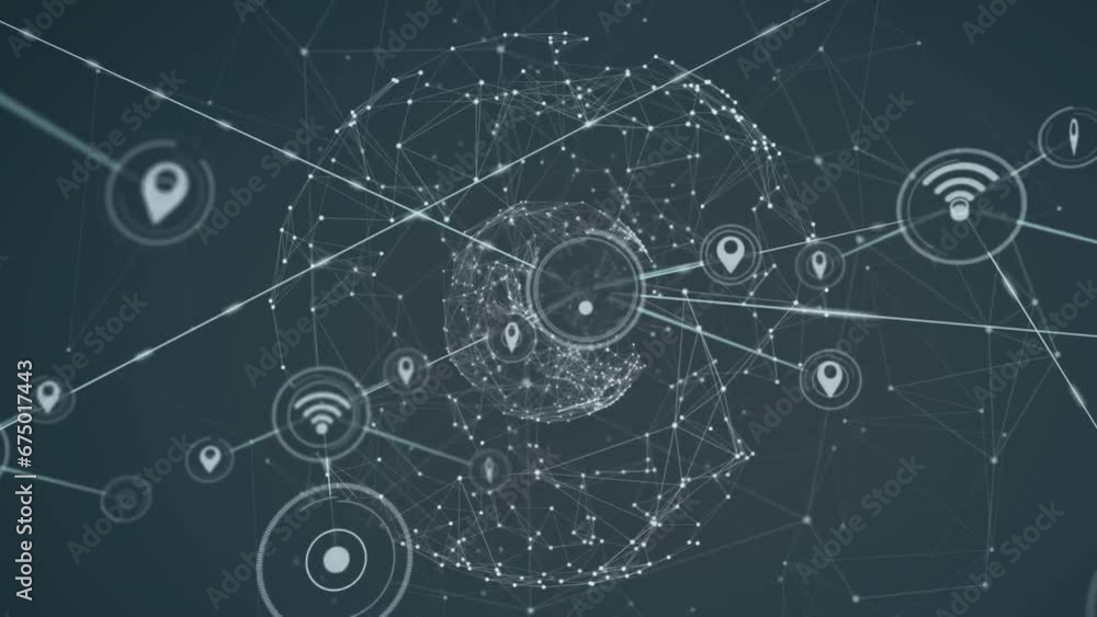 Poster animation of connected wifi and gps icons moving over globes on black background
