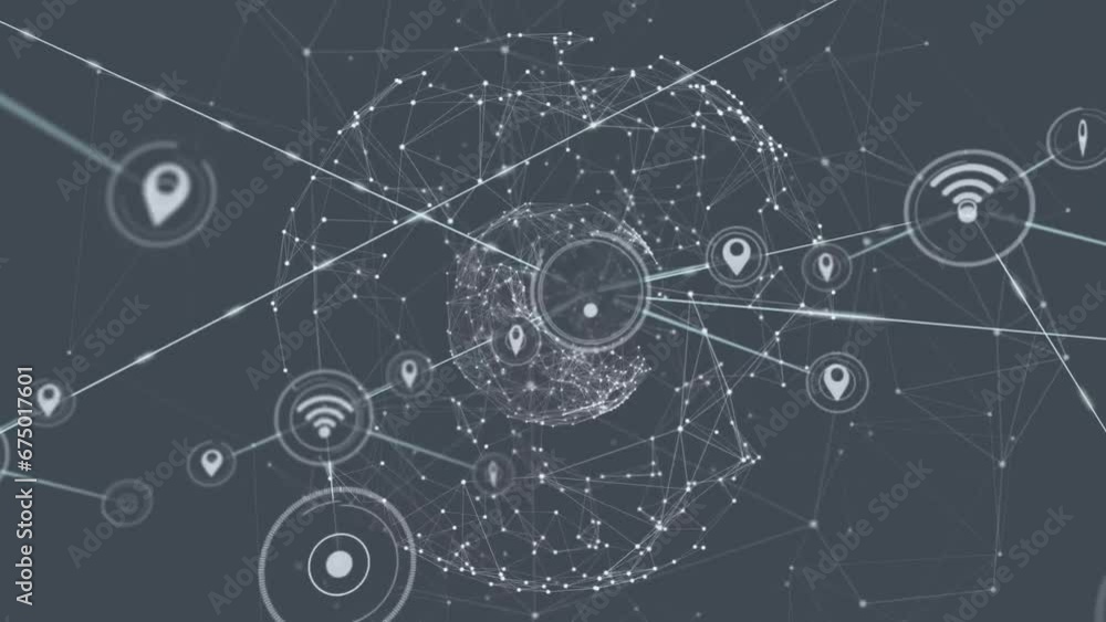 Poster animation of connected wifi and gps icons over globes rotating on black background