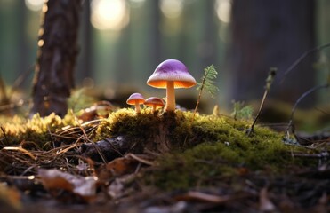 AI generated illustration of a close-up of mushrooms in a forest surrounded by lush moss
