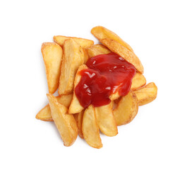 Delicious baked potato wedges with ketchup on white background, top view
