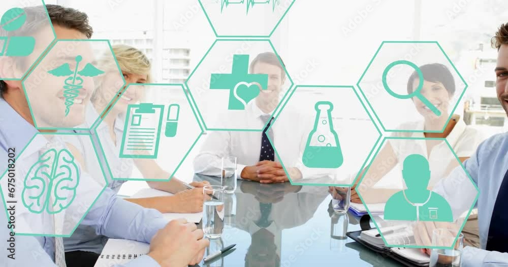 Poster Animation of medical icons in hexagons over caucasian partners shaking hands in board room