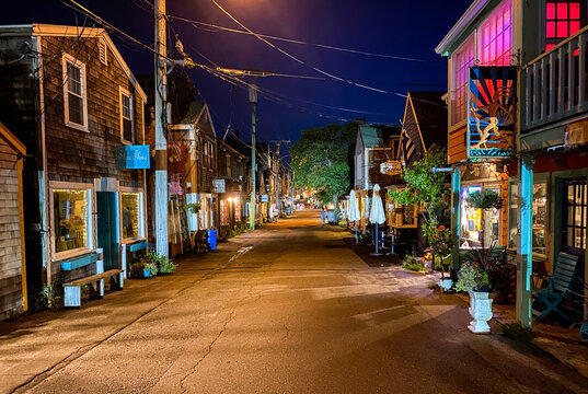 Rockport, Massachusetts nighttime Bearskin Neck street scene.