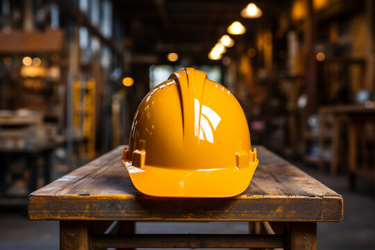 construction helmet on a wooden table. 