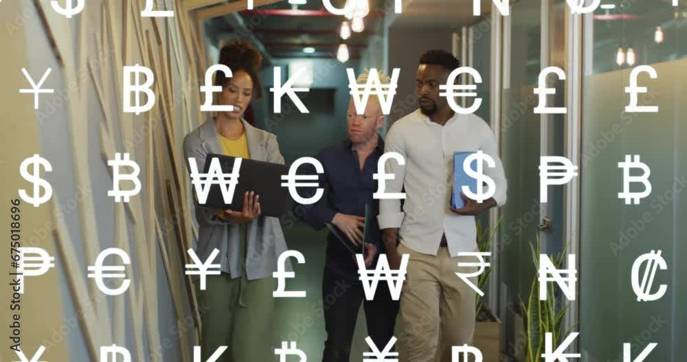 Poster animation of various currency symbols over diverse colleagues discussing while walking in corridor