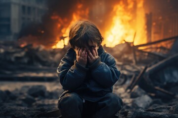 a little boy is crying covering his face with his hands against the backdrop of a war explosion