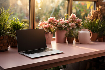 Laptop with blank white screen on office desk interior. 