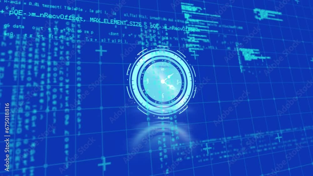 Poster animation of digital clock, grid pattern and computer language over blue background