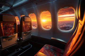 sunset view from airplane window. 