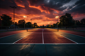 tennis court at sunset. 