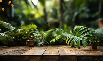 Wooden table top on blur tropical forest background with bokeh light. 