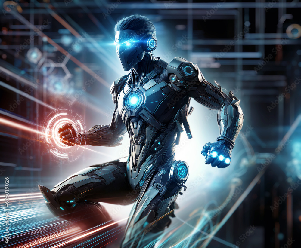 Poster a dynamic 3d game avatar with human and cybernetic features, ready for action in a virtual reality b