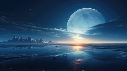 AI generated illustration of a stunning full moon illuminating a serene ocean landscape