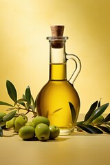 Bottle of olive oil and green olives with leaves