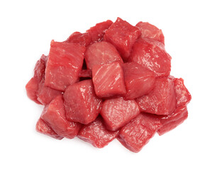 Pieces of raw beef isolated on white, top view
