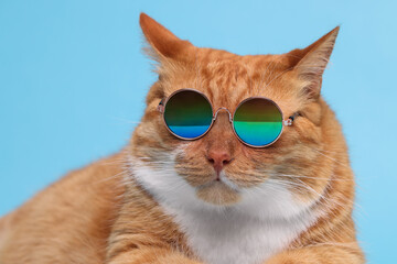 Portrait of cute ginger cat in stylish sunglasses on light blue background, closeup
