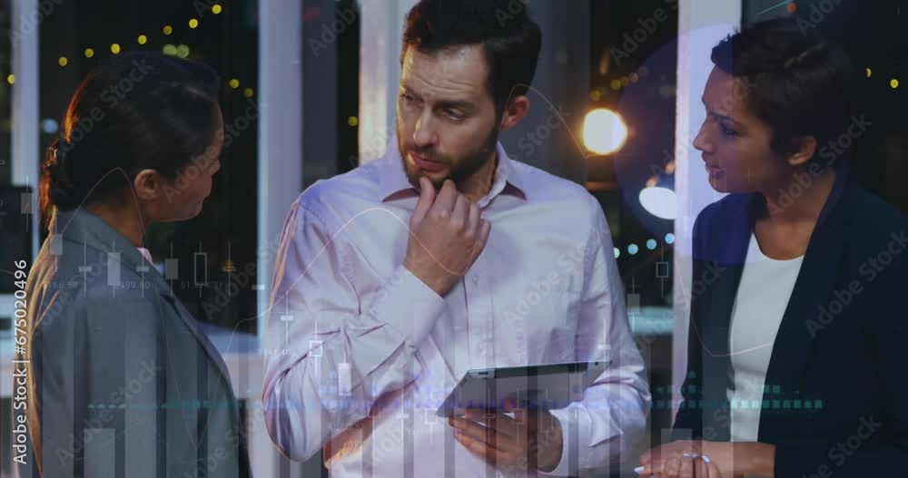 Poster animation of multiple graphs over diverse coworkers discussing reports on digital tablet in office