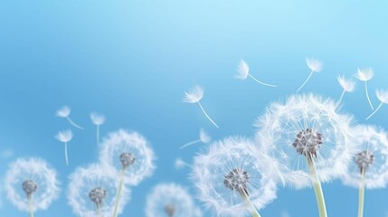AI generated illustration of dandelions against a bright blue sky background