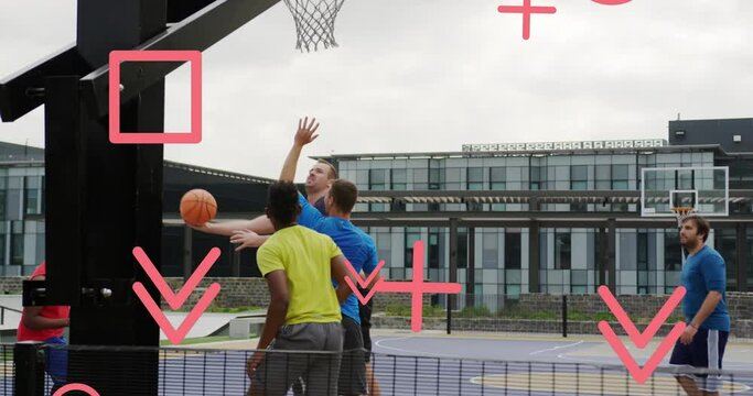 Animation of falling geometric shapes over diverse friends playing basketball