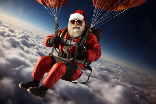 Santa Claus leaping from an airplane with a parachute, demonstrating his fearless approach to extreme sports.
