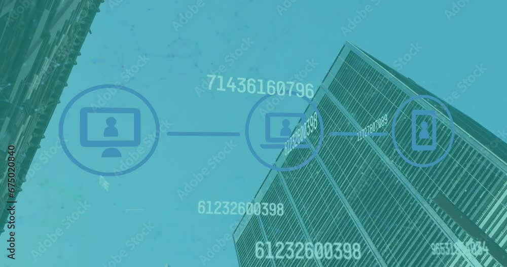 Poster animation of flowchart and changing numbers over low angle view of building against sky