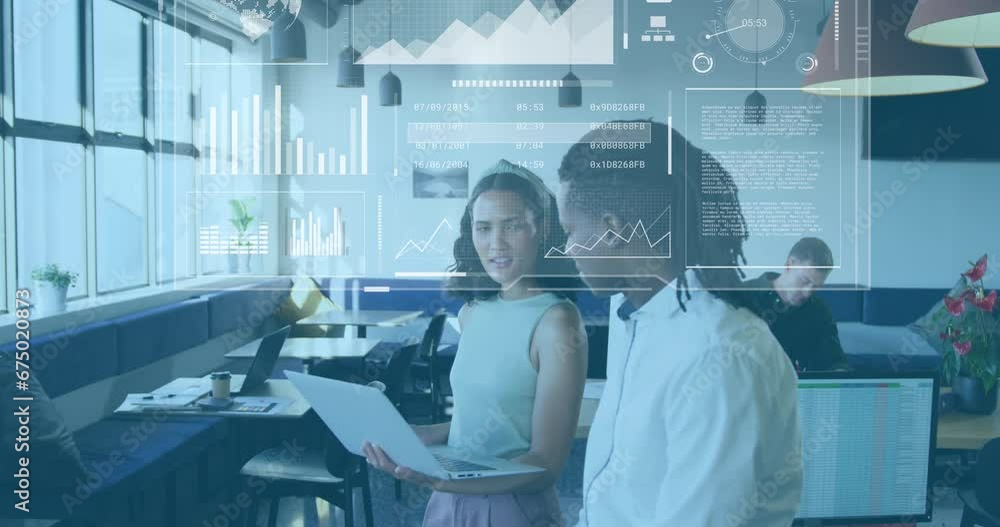 Poster animation of graphs, loading bars, circles and globe over diverse coworkers discussing reports