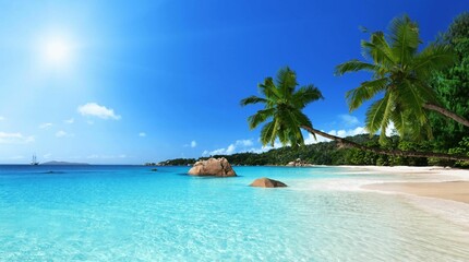 Scenic view of a tranquil, sandy beach and turquoise blue ocean waters