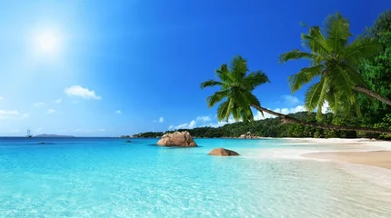 Deurstickers Scenic view of a tranquil, sandy beach and turquoise blue ocean waters © Wirestock