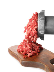 Metal meat grinder with minced beef and board isolated on white