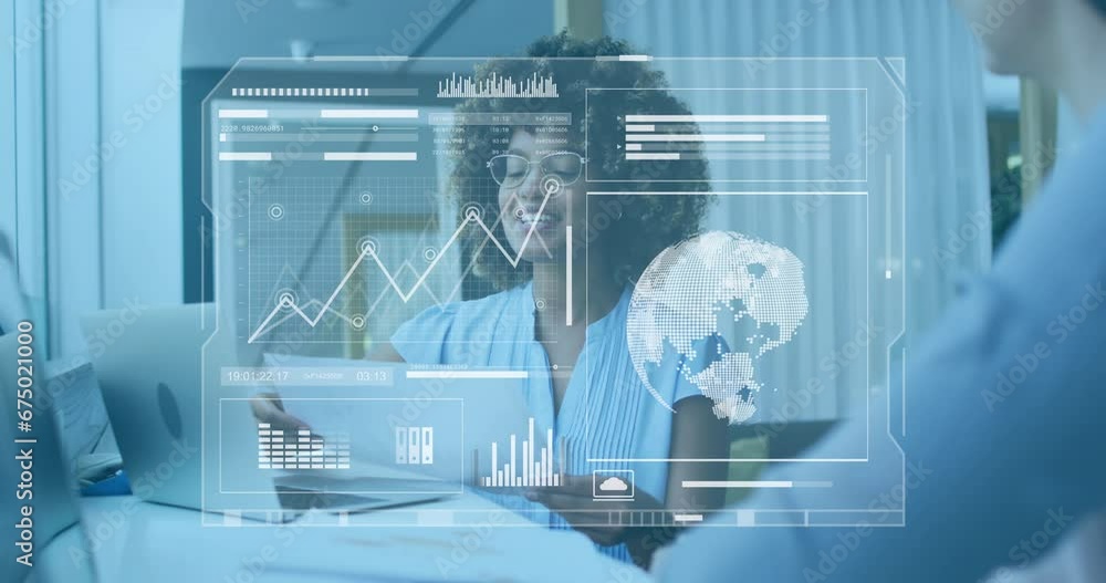 Poster animation of graphs, globe and loading bars over diverse coworkers discussing strategy in office
