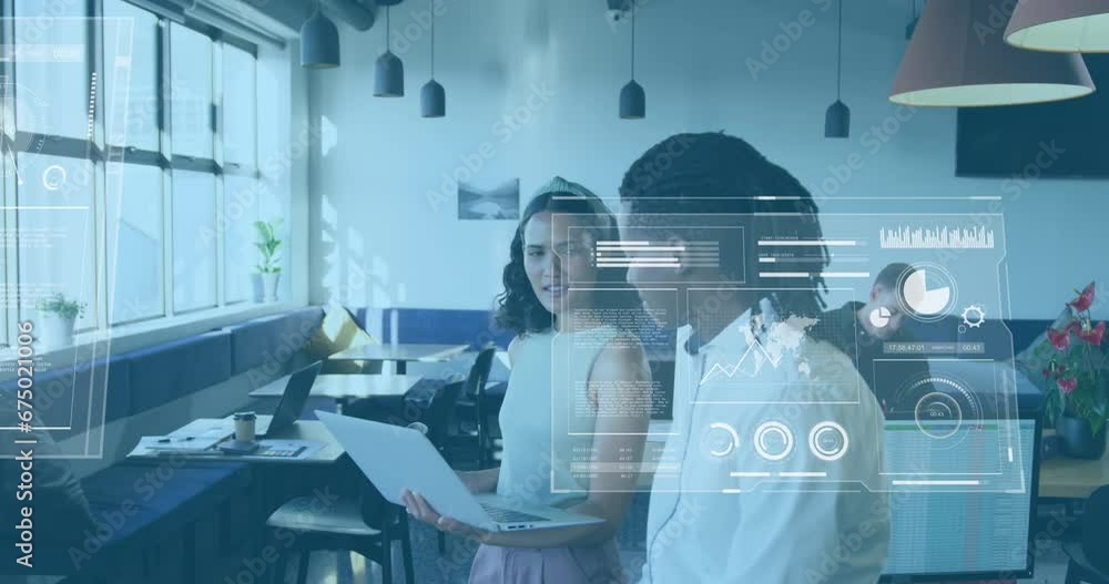 Aufkleber animation of graphs, globes and loading bars over diverse coworkers discussing reports in office