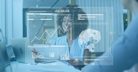 Animation of graphs, globe and loading bars over diverse coworkers discussing strategy in office