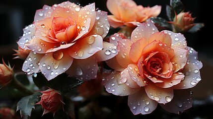 AI-generated illustration of orange and white roses with water droplets on their petals