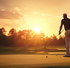 Obraz premium Arabic Male Golfer On Golf Course Golfing At Sunset Generative AI