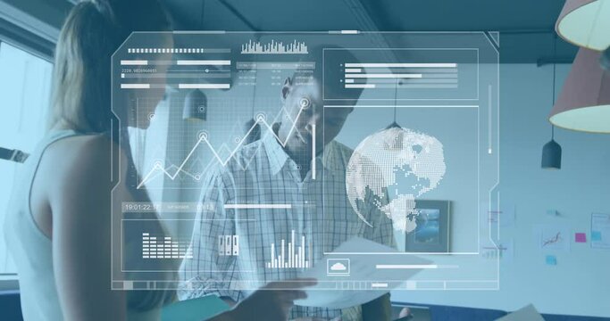 Animation of graphs, globe and loading bars over diverse coworkers sharing ideas in office
