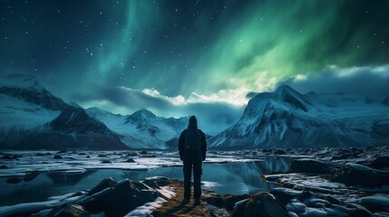 AI generated illustration of a lone figure standing in the snow, overlooking aurora borealis - obrazy, fototapety, plakaty