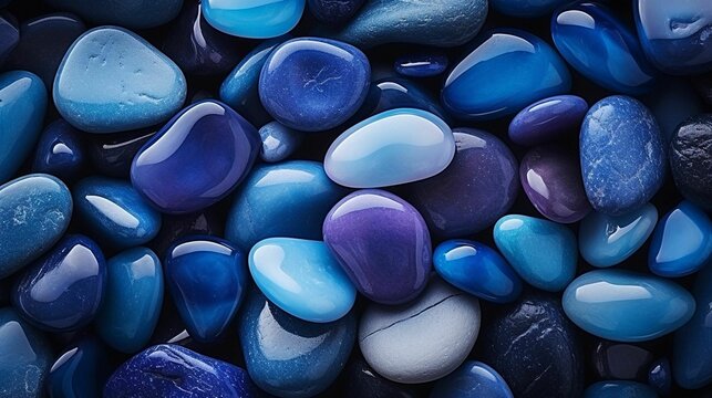 AI generated illustration of a large pile of assorted pebbles in shades of purple and blue