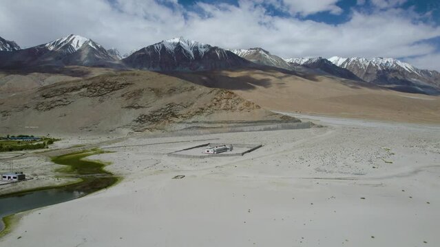 Aerial view of Merak Village of Ladakh, on the southern banks of Pangong Tso