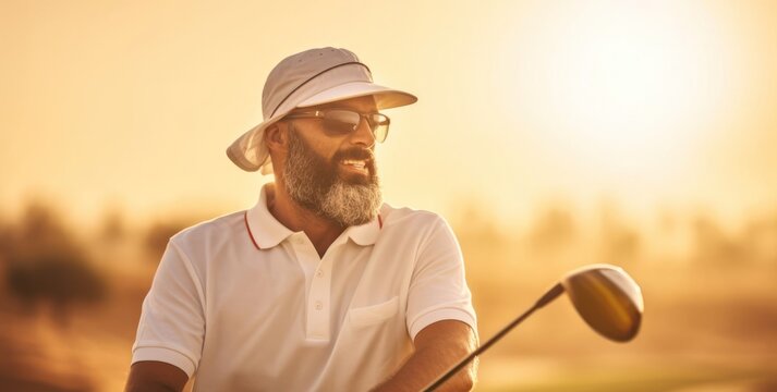 Arabic Male Pro Golfer On Golf Course Playing Golf At Sunset Generative AI
