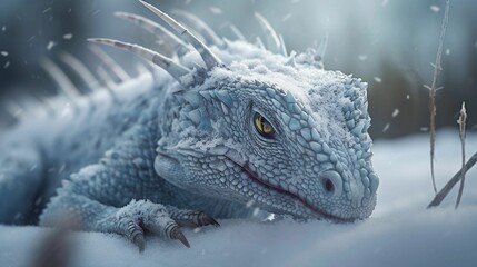 AI generated illustration of a monster-like t-rex dinosaur standing in a snowy landscape